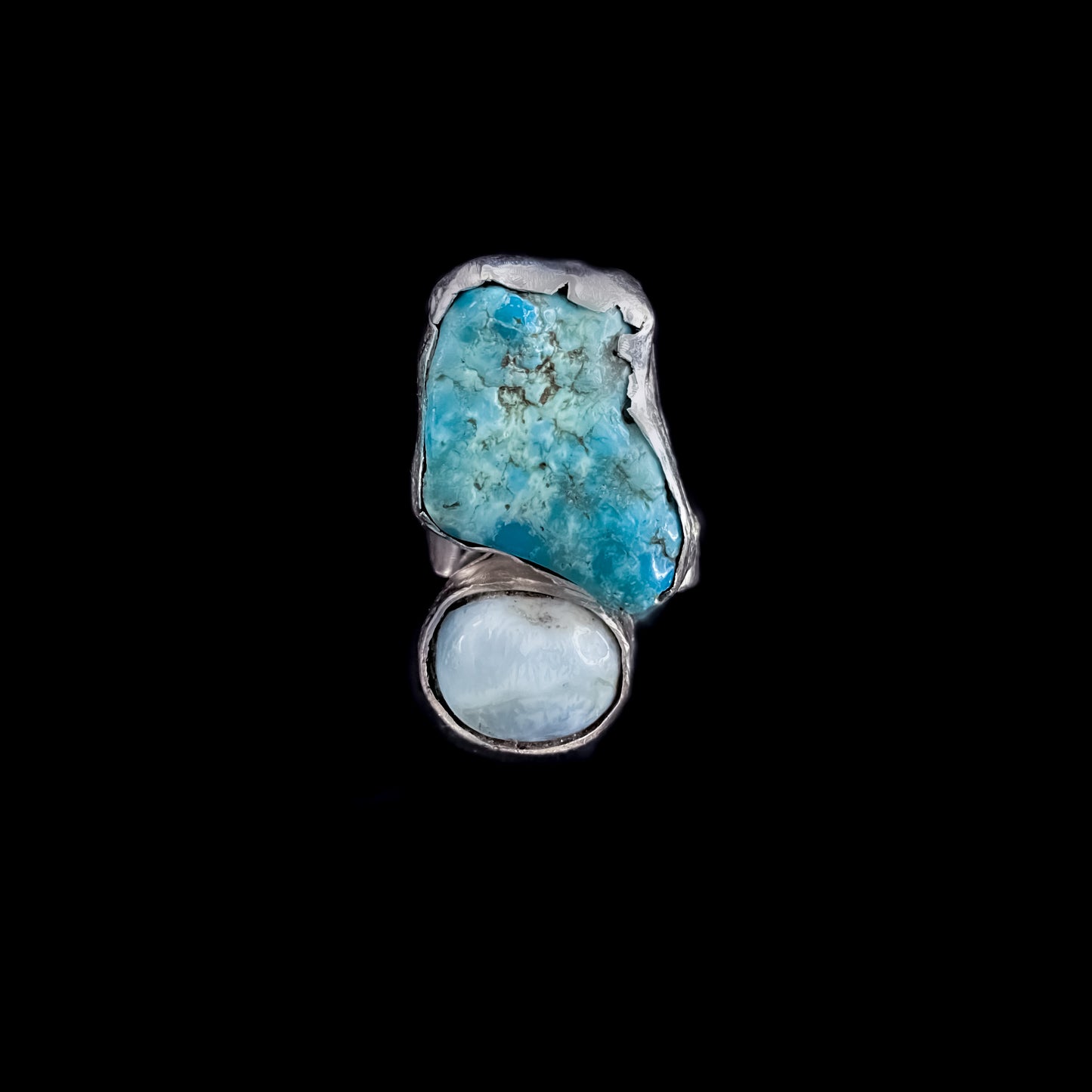 Sterling Silver Rough Turquoise Nugget and Larimar Ring