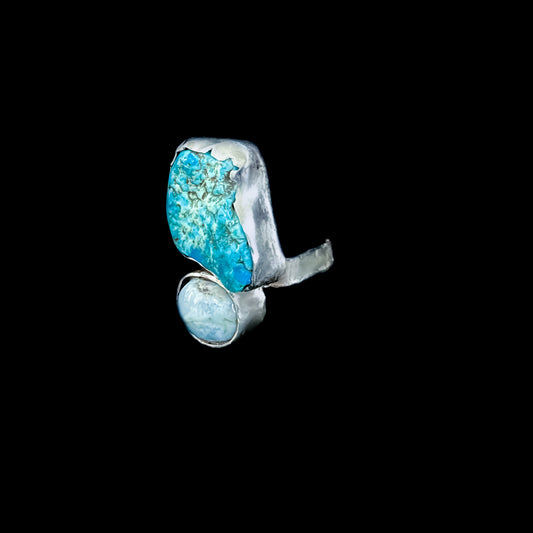 Sterling Silver Rough Turquoise Nugget and Larimar Ring