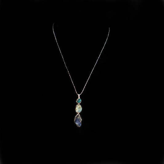 Sterling Silver Pendant with Raw Blue Apatite, Aquamarine and Amethyst Stones